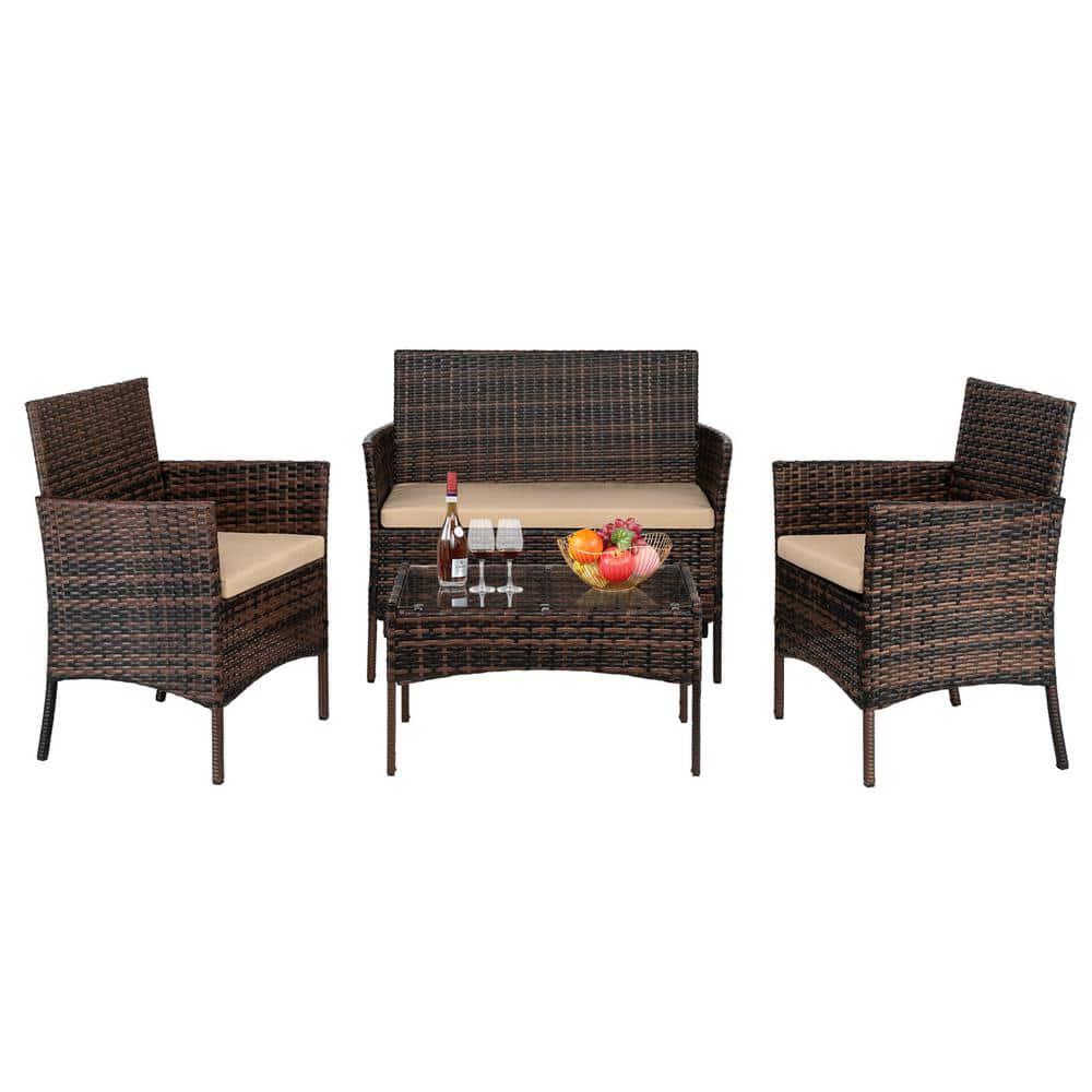 Karl home 4Piece Wicker Patio Conversation Set with Beige Cushions