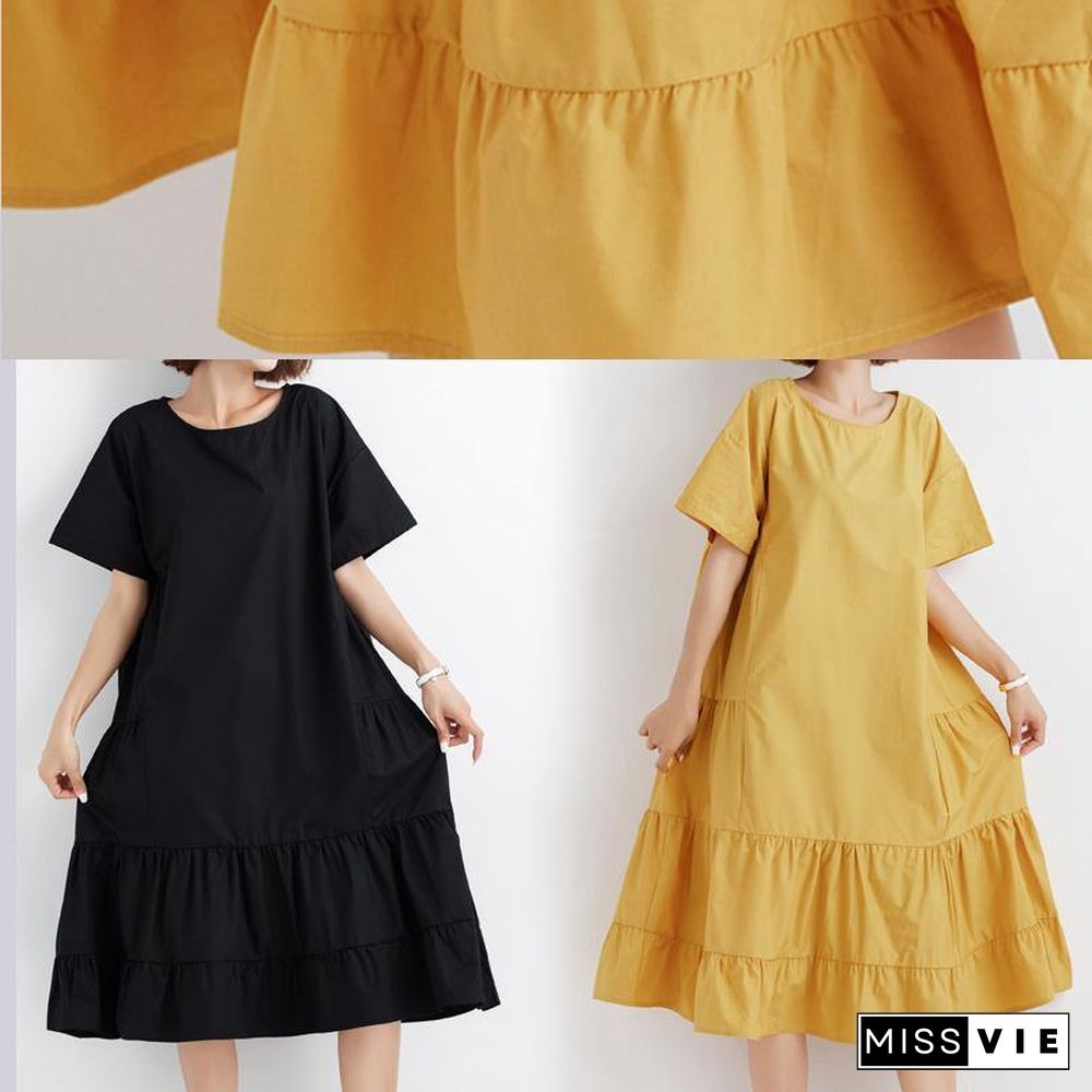 Women black ruffles cotton Wardrobes short sleeve cotton Dresses