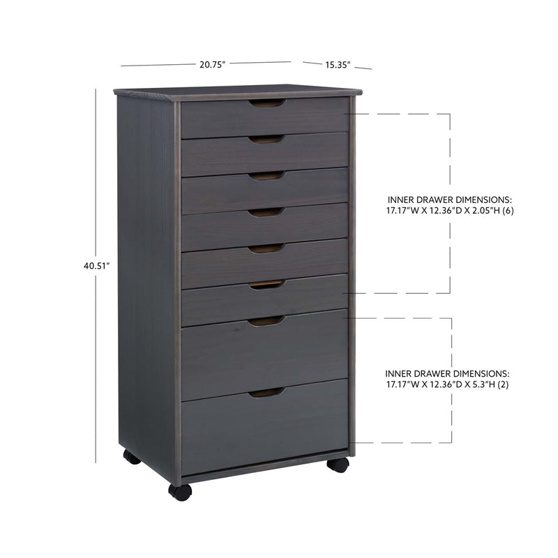 Linon Callie Eight Drawer Wood Rolling Storage Cart in Gray