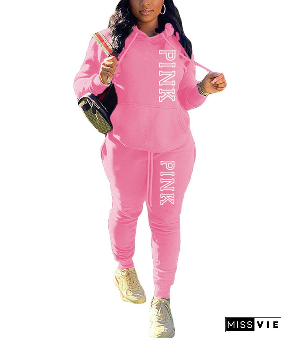 PINK Letter Print Pullover Hoodies and Pants Tracksuit