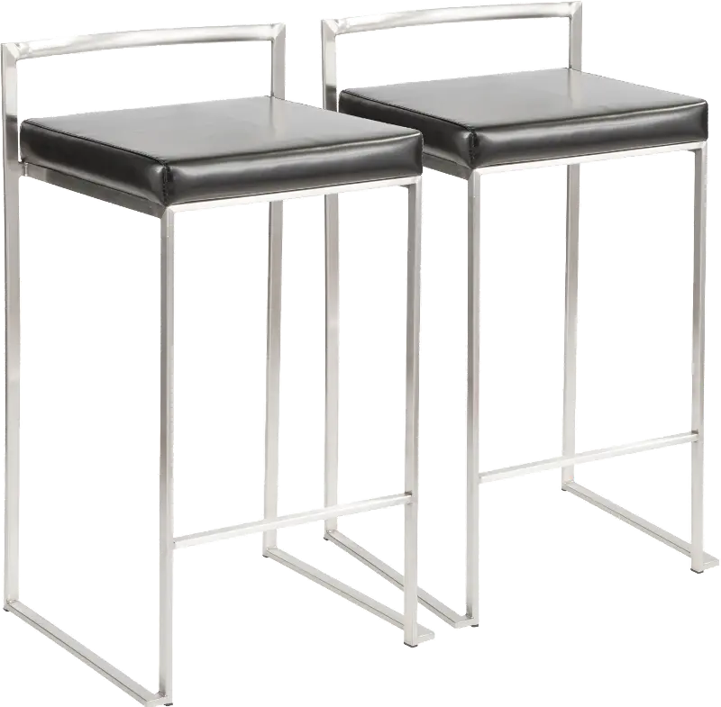 Fuji Low Back Stainless and Black Faux Leather Counter Stools， Set of 2