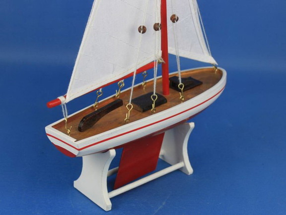 Handcrafted Model Ships Sailboat Red White Sails 1...