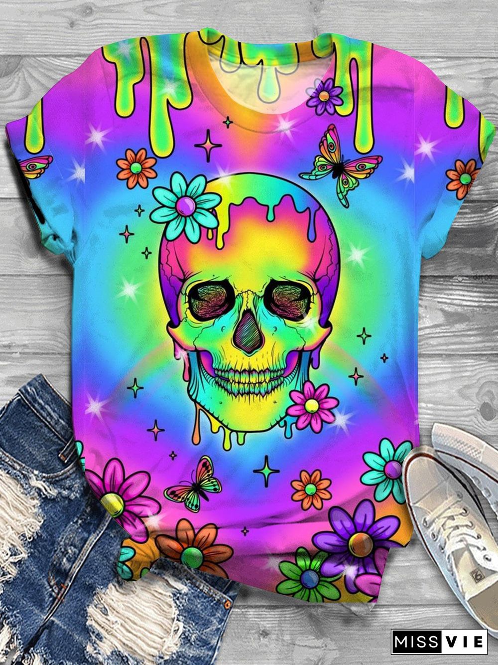 Skull Floral Rainbow Crew Neck T-shirt