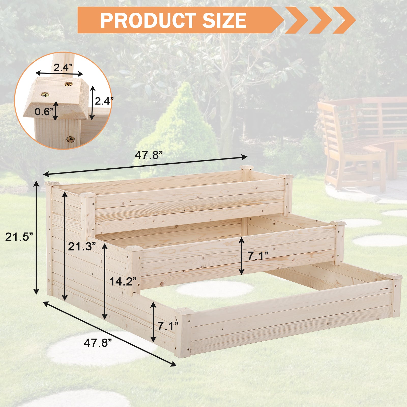 3 Tier Wood Raised Garden Bed, Outdoor Tiered Elevated Planting Planter Box, 47.8 x 47.8 x 21.5 inch Flower Growing Bed Kit in Backyard Lawn Patio, Easy Assembly, Natural