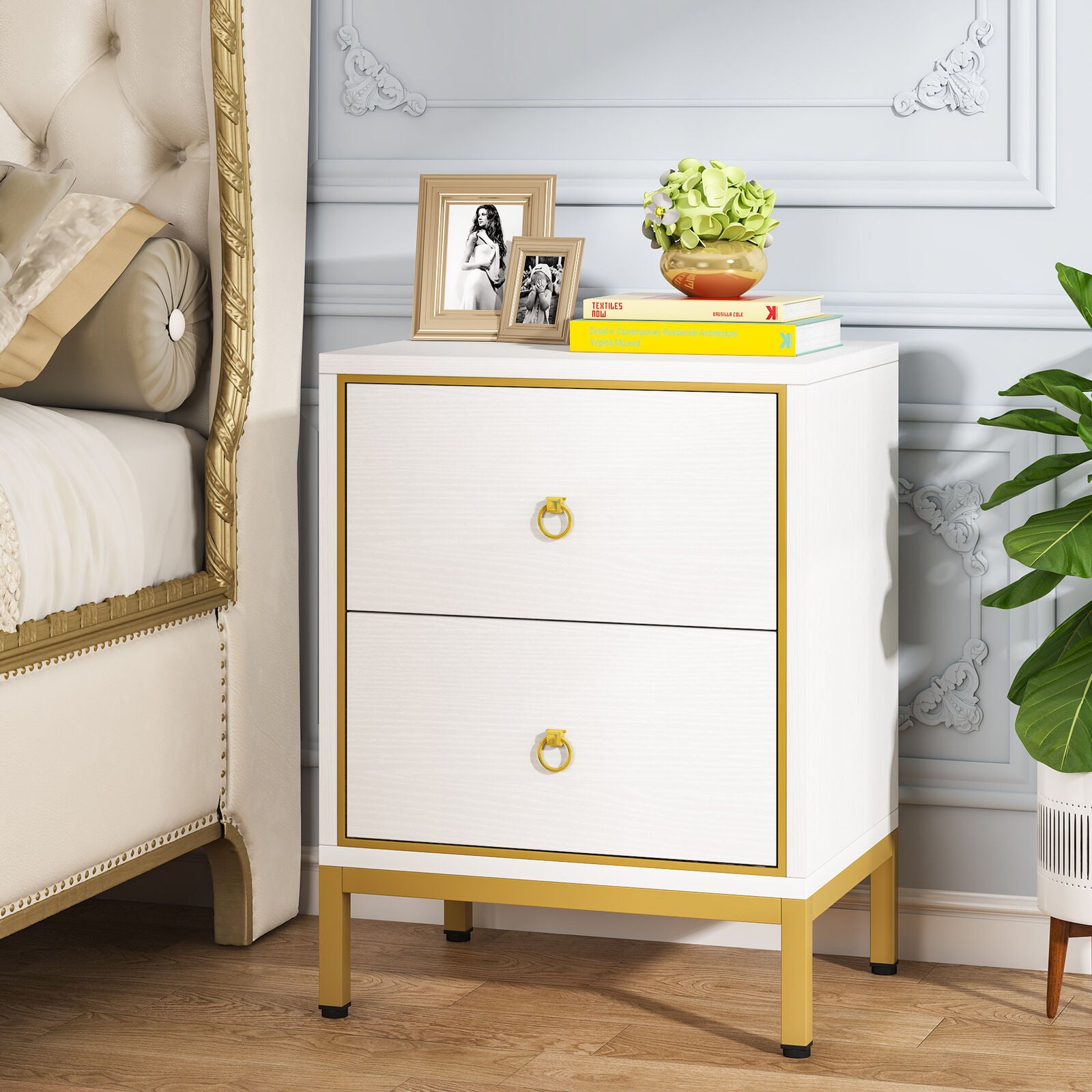 Tribesigns Nightstand with 2 Drawers, White + Gold Bedside End Table for Bedroom, Living Room