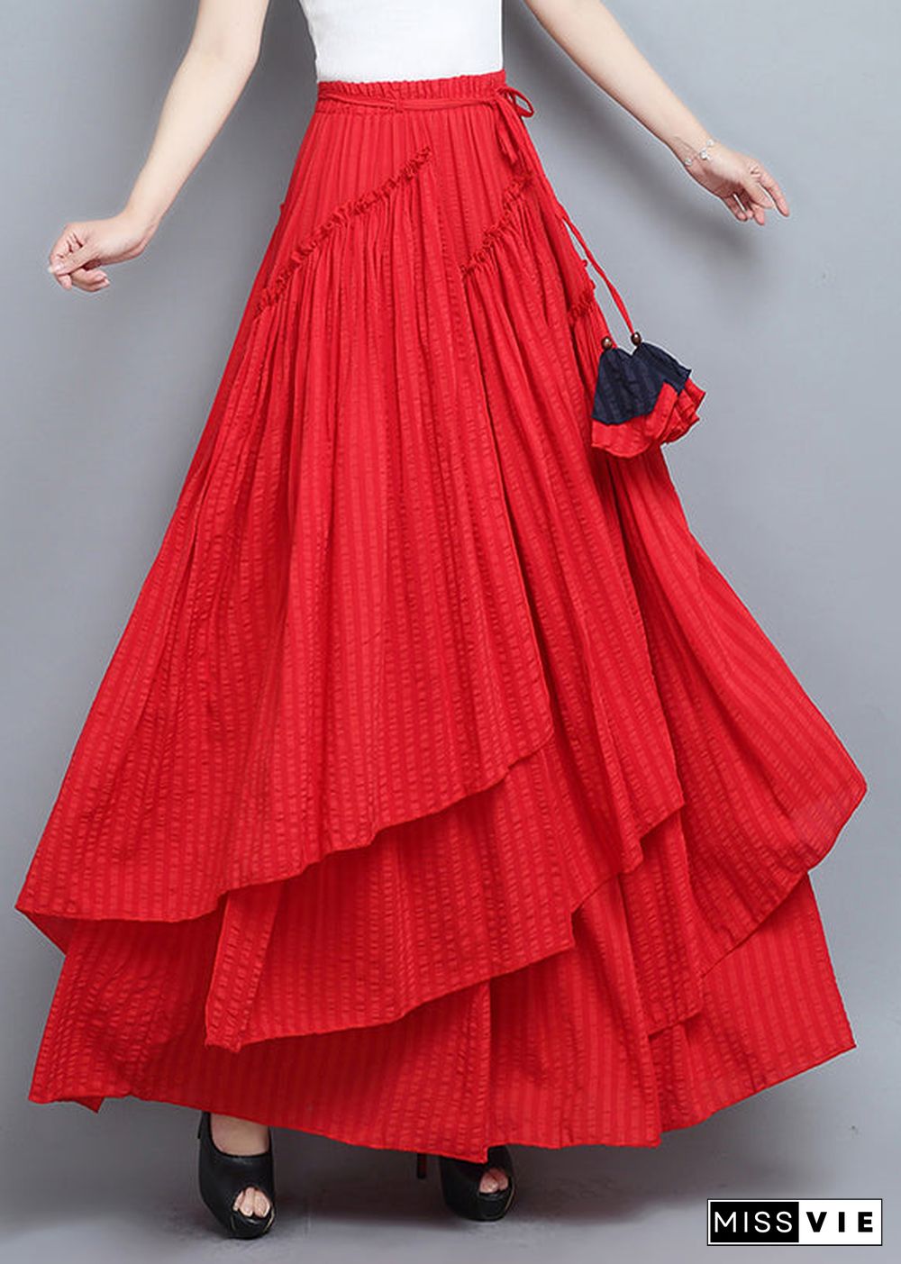 Red Asymmetrical Tie Waist Pleated Skirt Summer