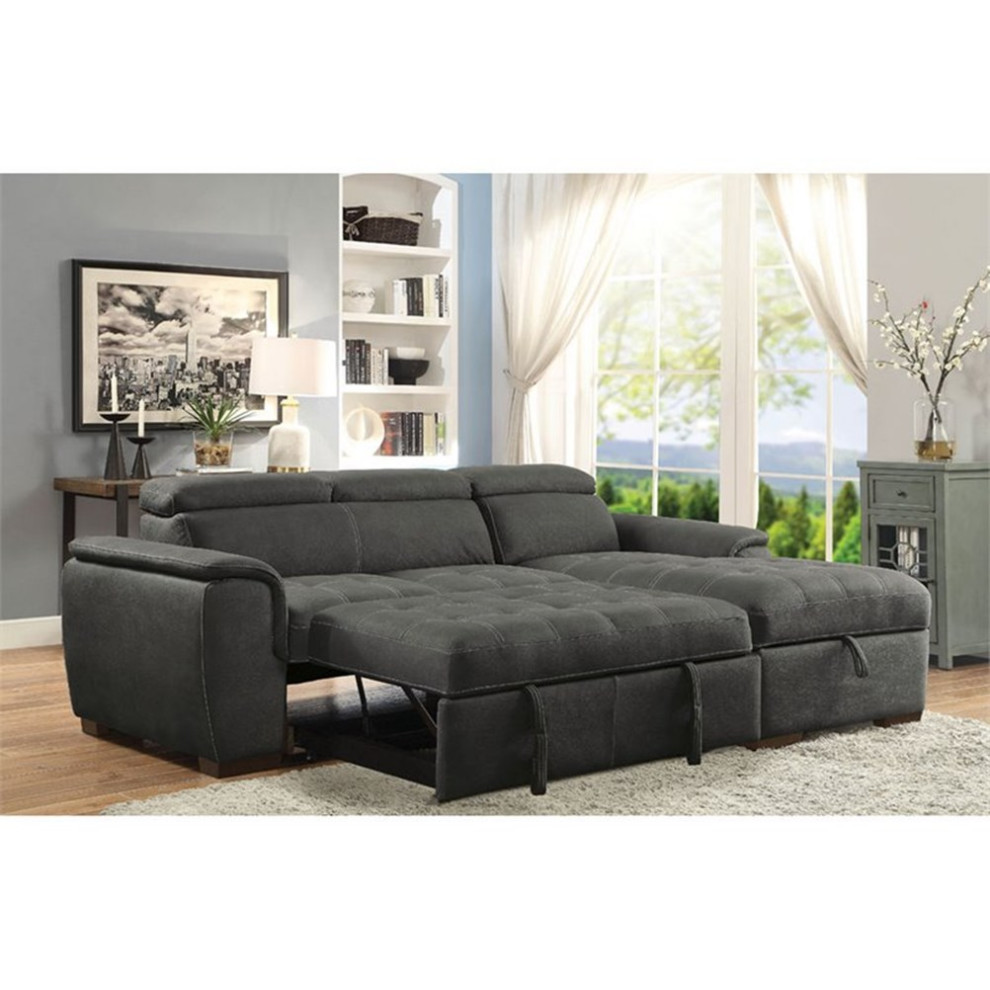 Bowery Hill Faux Leather Sleeper Sectional in Graphite Gray Finish   Transitional   Sectional Sofas   by Homesquare  Houzz