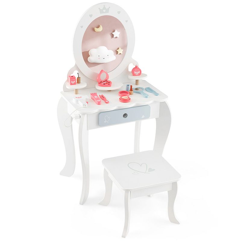 Kids 2-in-1 Princess Makeup Table And Chair Set With Removable Mirror-white