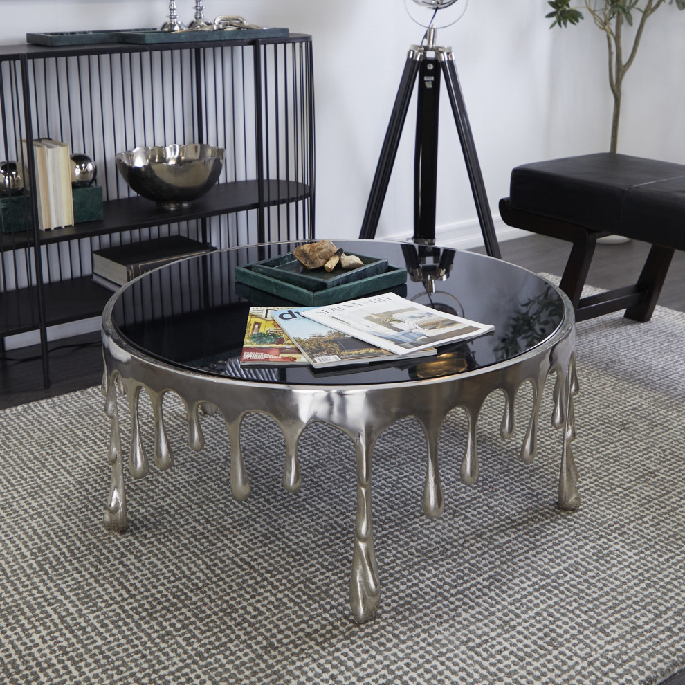 Contemporary Coffee Table  Melting Design With Tempered Glass Top  Silver Finish   Contemporary   Coffee Tables   by Declusia  Houzz