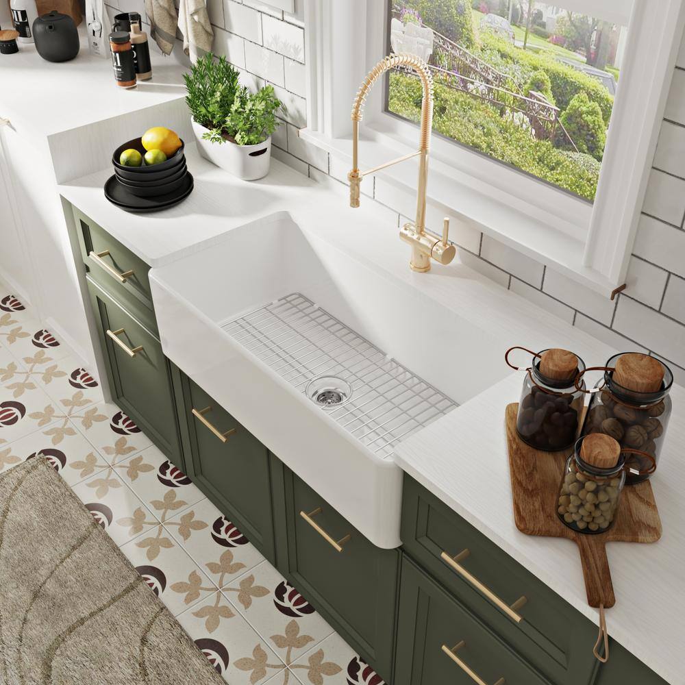 DEERVALLEY Grove White Fireclay 36 in. L x 18 in. W Rectangular Single Bowl Farmhouse Apron Kitchen Sink with Grid and Strainer DV-1K505