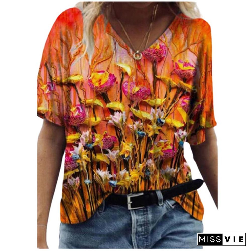 Women 3D Flower Print T Shirt Abstract Top Summer New Fashion Street Casual V-Neck Loose Tee Oversized Ladies Cotton Tops Plus Size XS-8XL