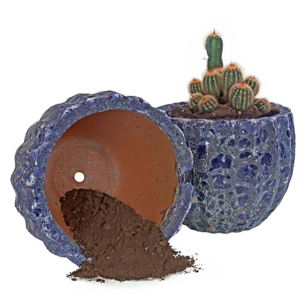 Sunnydaze 12 in. (30.48 cm) Fluted Lava Finish Ceramic Planter - Dark Blue Distressed Ceramic - (Set of 2) VBD-646