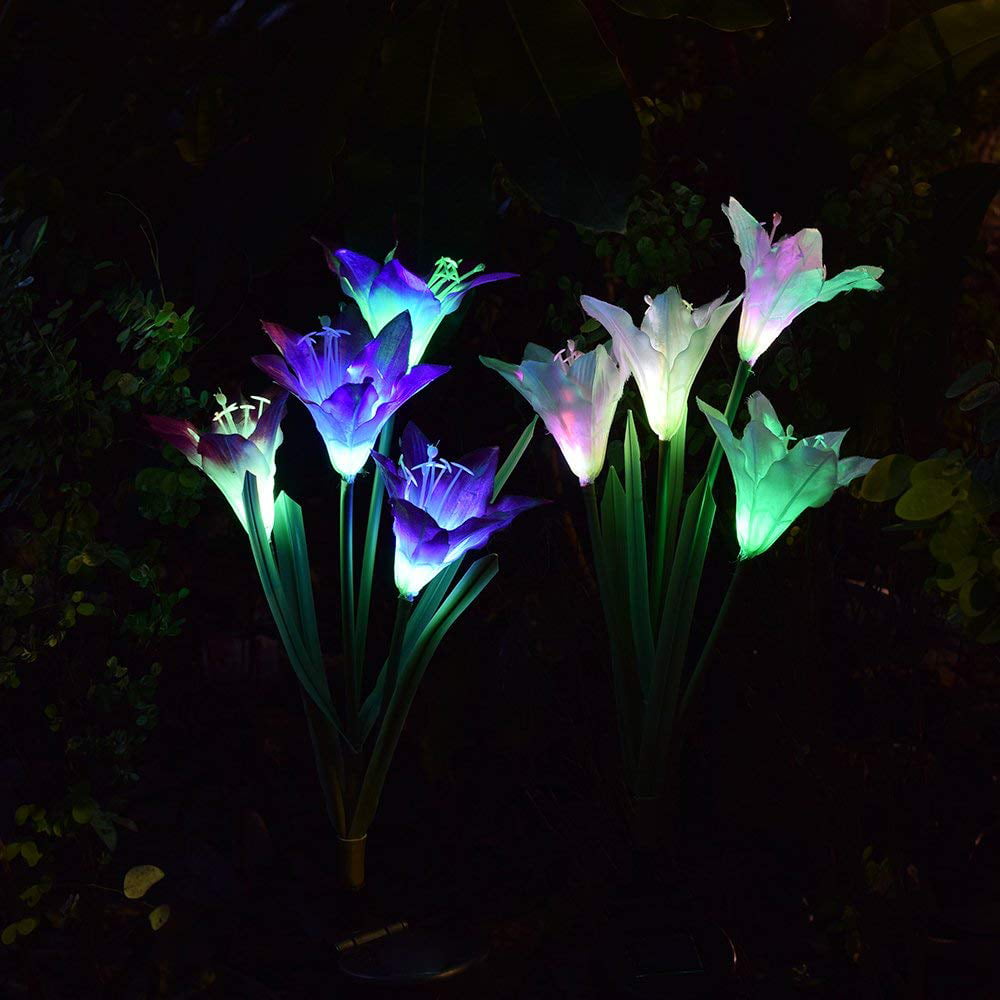 2 Pack Outdoor Solar Garden Stake Lights - Coolmade Solar Powered Lights with 8 Lily Flower， Multi-color Changing LED Solar Stake Lights for Garden， Patio， Backyard (Purple and White)