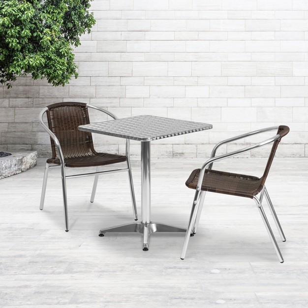 Flash Furniture Lila 23 5 x27 x27 Square Aluminum Indoor outdoor Table Set With 2 Rattan Chairs