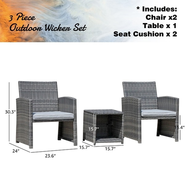 Patio 3 Pieces Wicker Bistro Set Cushioned Chair and Side Table