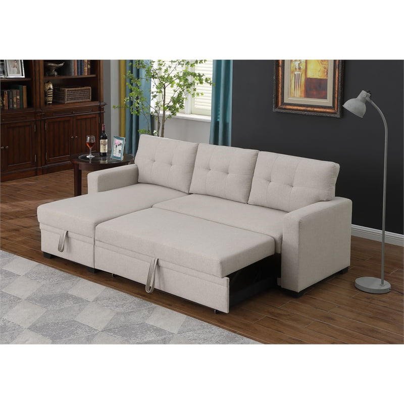 Pemberly Row Polyester Fabric Reversible Sleeper Sectional Sofa in Beige