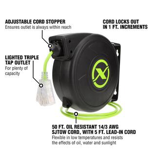 Flexzilla 50 ft. Retractable Extension Cord Reel 143 AWG SJTOW Cord with Grounded Triple Tap Outlet FZ8140503