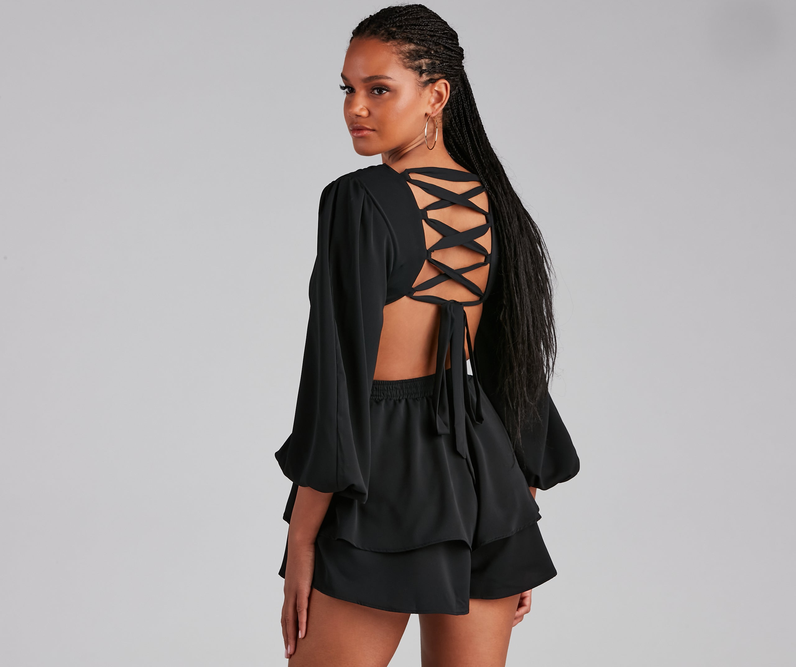 Out Of Town Lace-Up Chiffon Romper