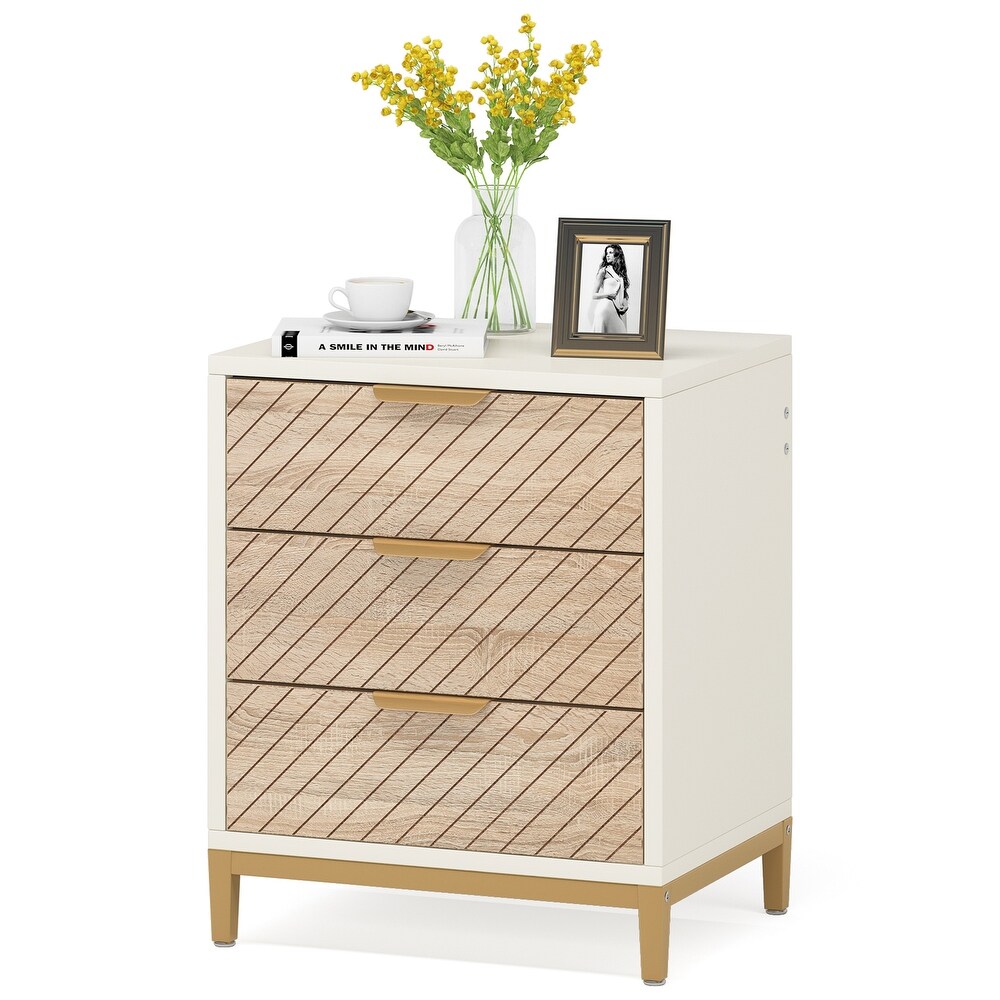 White and Gold Night Stands for Bedrooms Light Wood Grain Nightstands with 3 Drawers