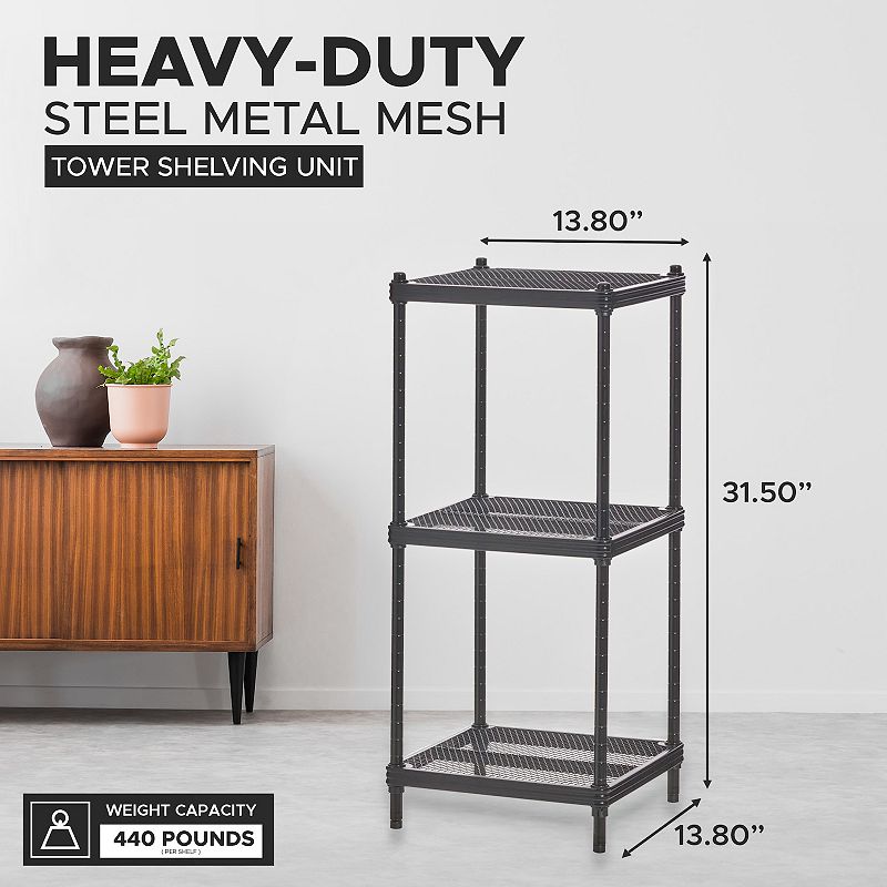 Design Ideas Meshworks 3 Tier Tower Metal Storage Shelving Unit Rack， Black