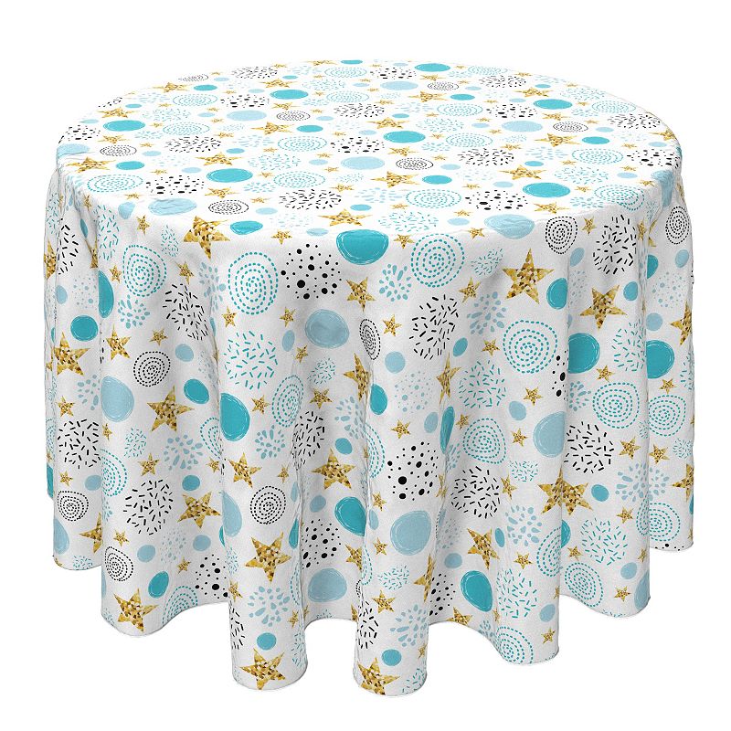 Round Tablecloth， 100% Cotton， 60 Round， Golden Stars and Blue Dots