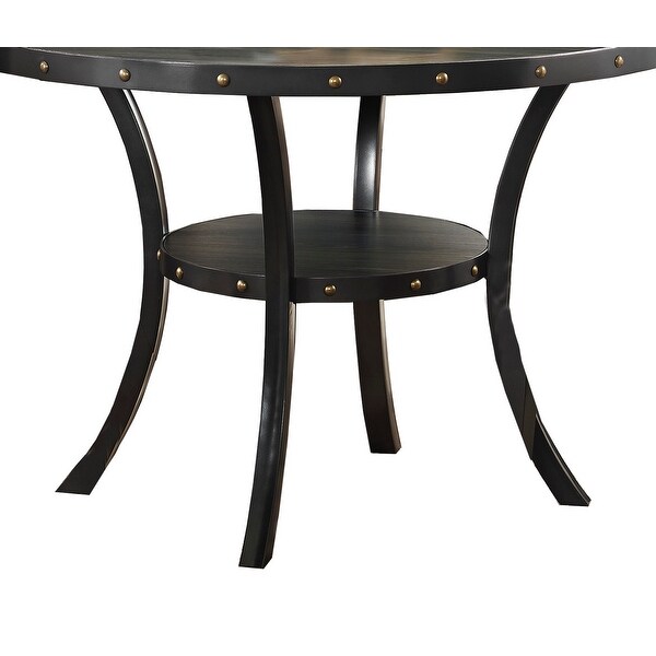 Wooden Round Dining Table with Open Shelf and Nailhead Trims， Black