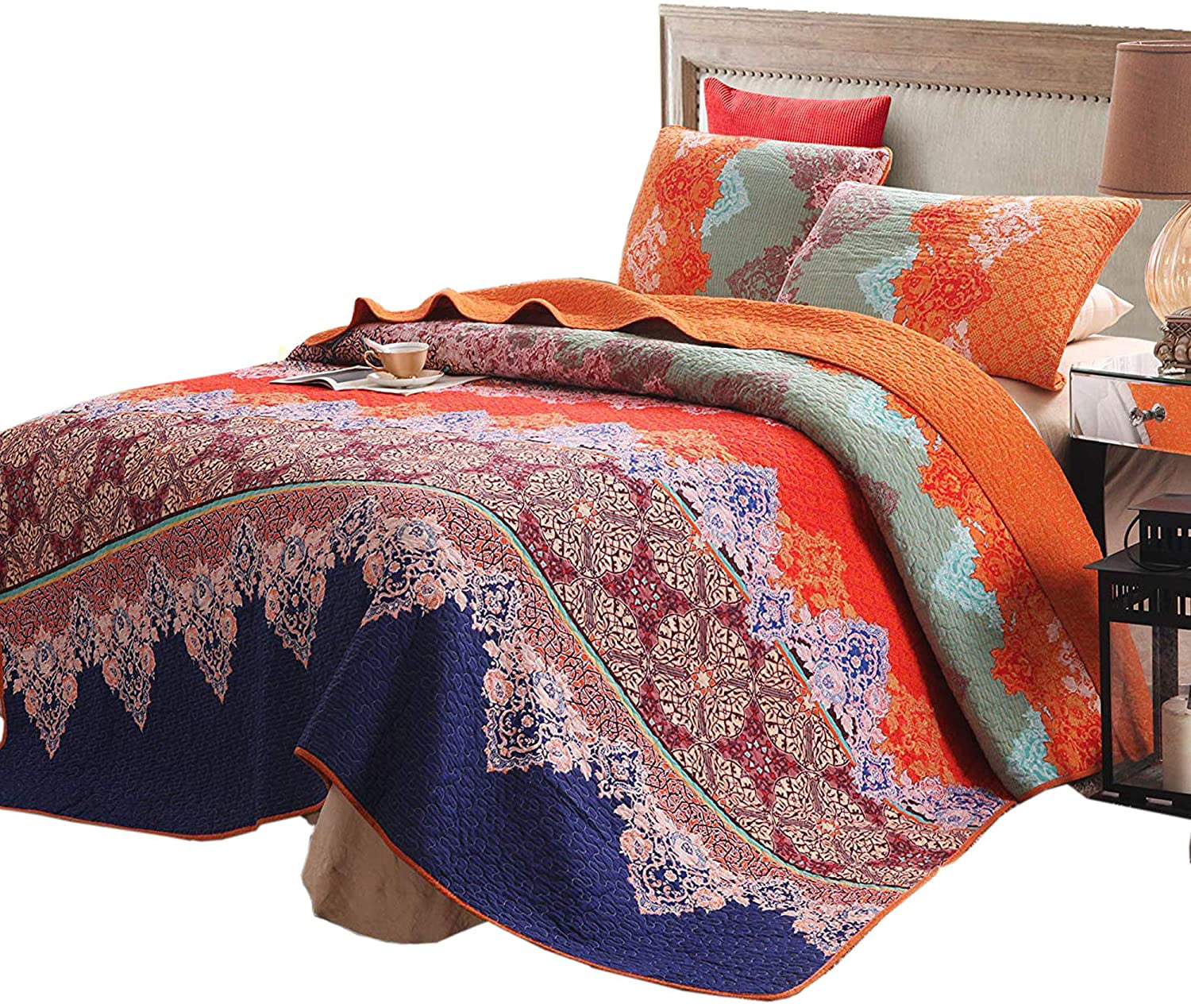 Exclusivo Mezcla Cotton 3-Piece Reversible Printed Boho Quilt Set， Full/Queen (92x88 Inch) Quilt Set as Bedspread/Coverlet/Bed Cover- Lightweight， Reversibleand Decorative