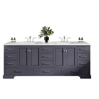 Eviva Storehouse 84 in. W x 22 in. D x 34 in. H Bathroom Vanity in Dark Gray with White Carrara Marble Top with White Sink EVVN416-84DGR