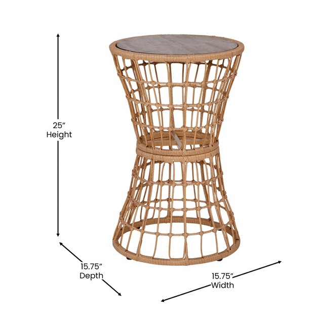 Emma And Oliver All weather Natural Faux Rattan Rope Patio Table With Natural Acacia Wood Top For Indoor And Outdoor Use