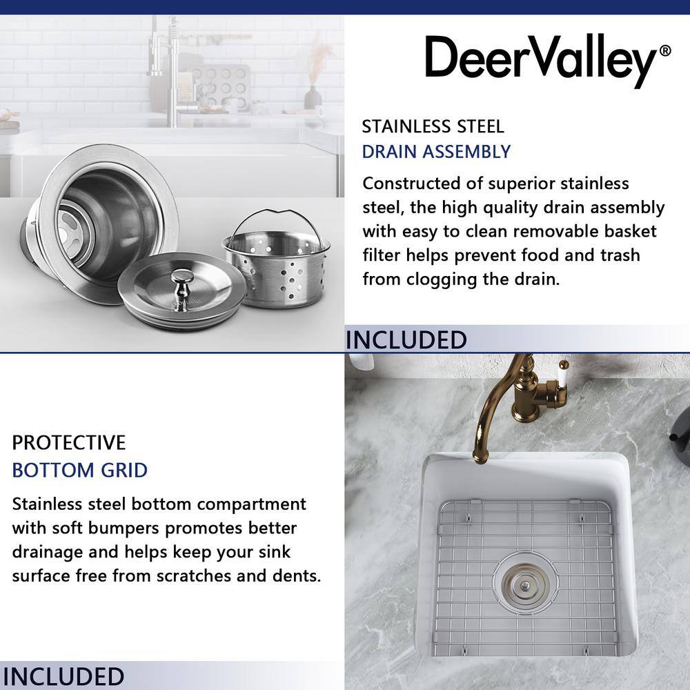 DEERVALLEY DeerValley Haven White Fireclay Square 19 in. Single Bowl Undermount Kitchen Sink with Bottom Grid and Basket Strainer DV-1K507