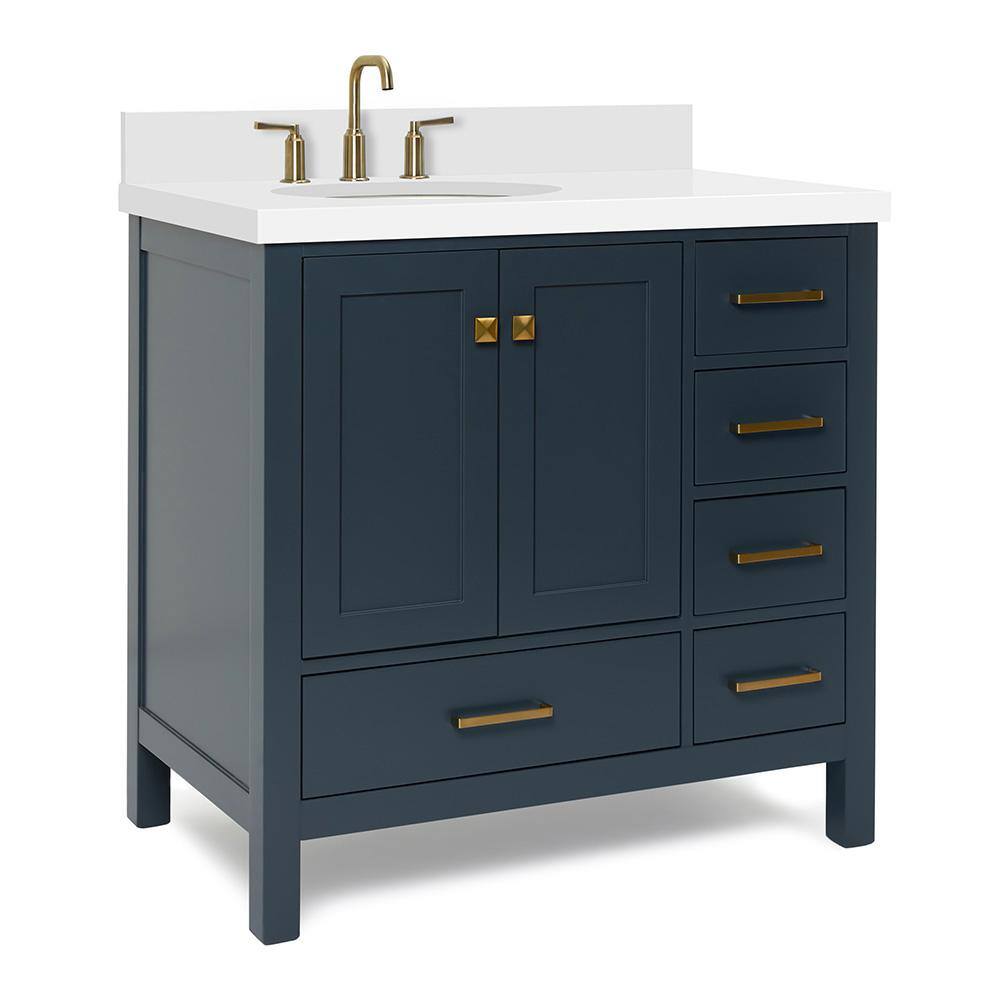 ARIEL Cambridge 37 in. W x 22 in. D x 35 in. H Vanity in Midnight Blue with Quartz Vanity Top in White with Basin A037SLWQOVOMNB