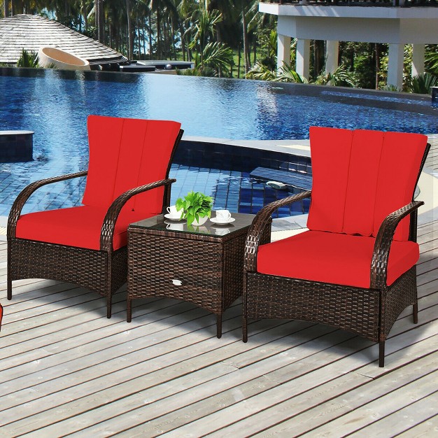 Costway 3 Pcs Patio Rattan Furniture Set Coffee Table amp 2 Rattan Chair W red Cushions