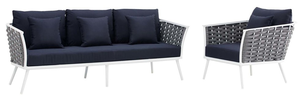 Stance 2 Piece Outdoor Patio Aluminum Sectional Sofa Set  White Navy   Midcentury   Outdoor Sofas   by Kolibri Decor  Houzz