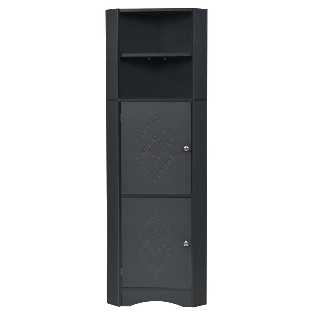 Tall Bathroom Corner Cabinet  Freestanding Floor Black Storage Organizer Bookcase with Adjustable Shelves and Doors for Office