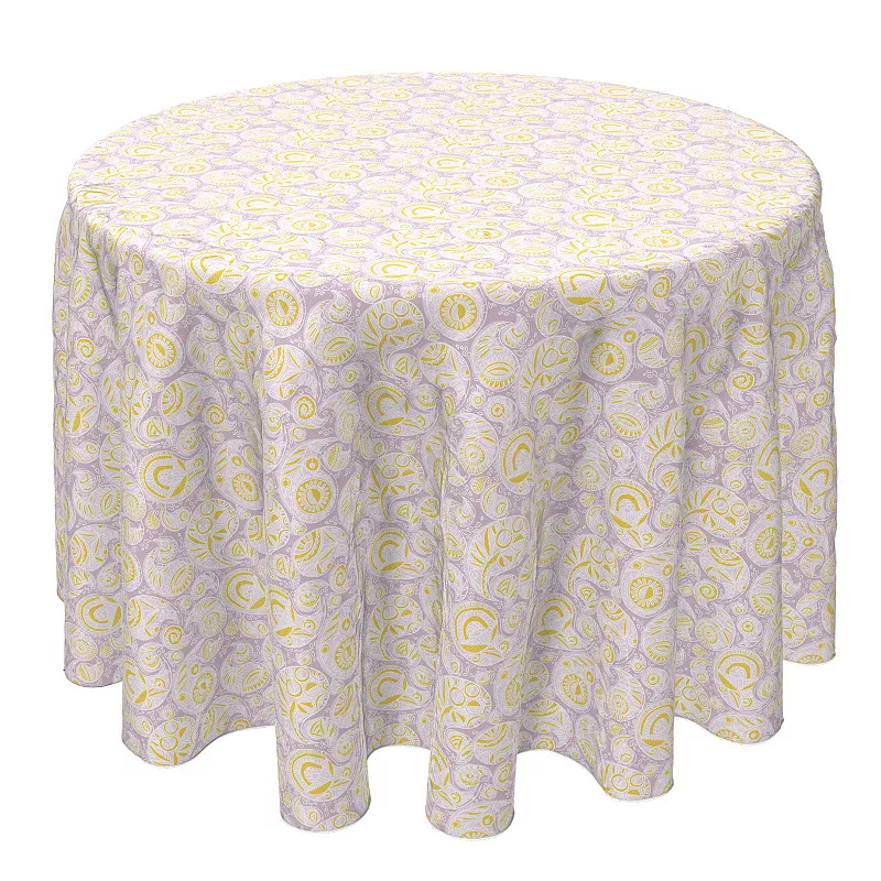 Round Tablecloth， 100% Cotton， 60 Round， Yellow and Purple Doodles