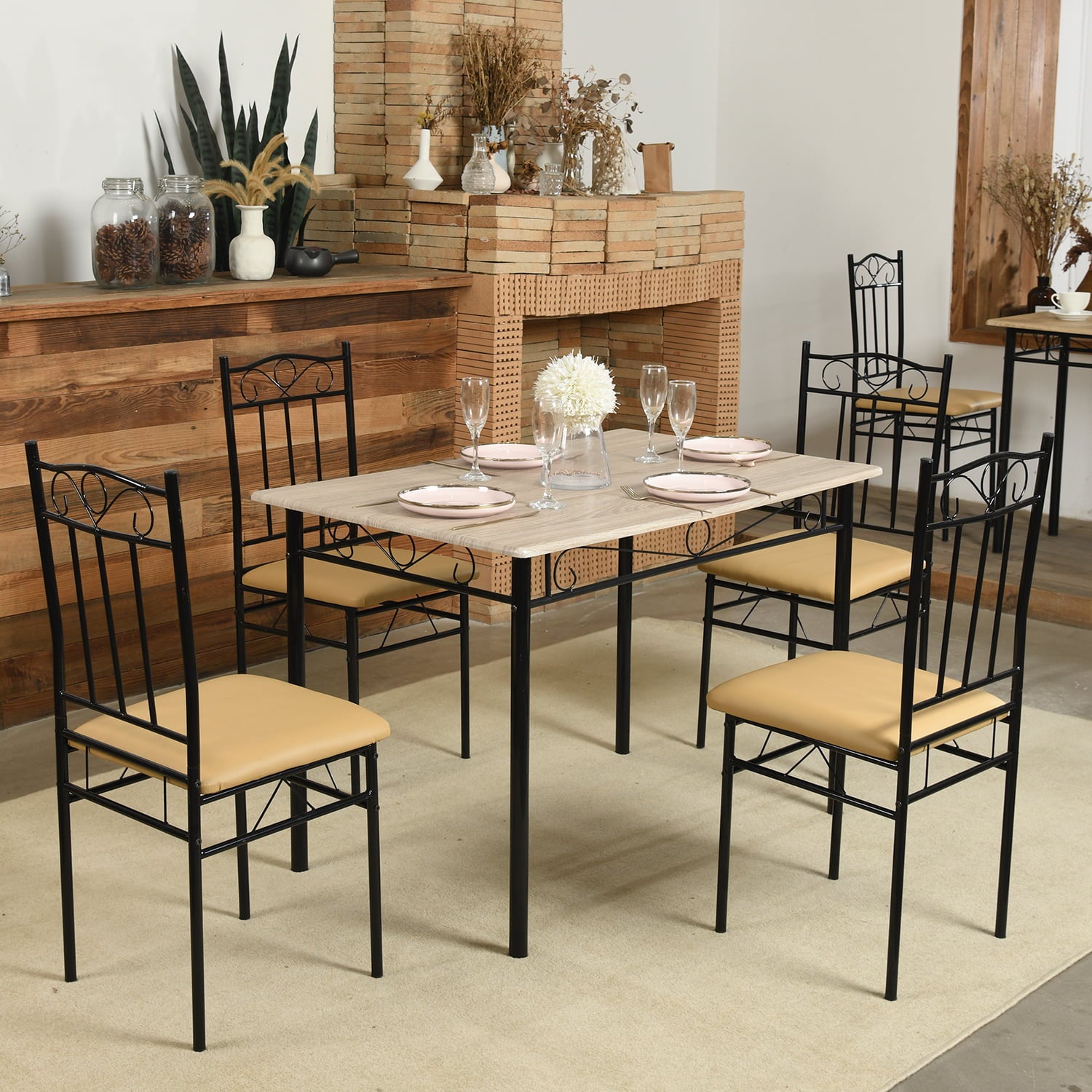 5 Piece Dining Table Set, Wood & Metal Dining Set for 4, Modern Kitchen Table and 2 PU Cushion Chairs Sets, Beech