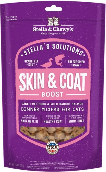 Stella and Chewy's Stella's Solutions Skin and Coat Duck and Salmon Freeze-Dried Raw Cat Food， 7.5-oz bag