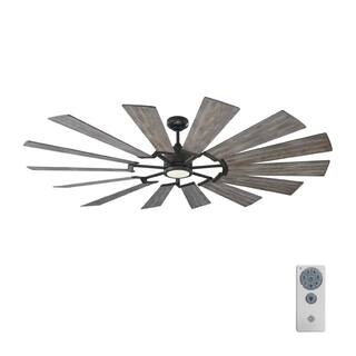 Generation Lighting Prairie 72 in. LED IndoorOutdoor Aged Pewter Ceiling Fan with Light Grey Weathered Oak Blades Light Kit and Remote 14PRR72AGPD