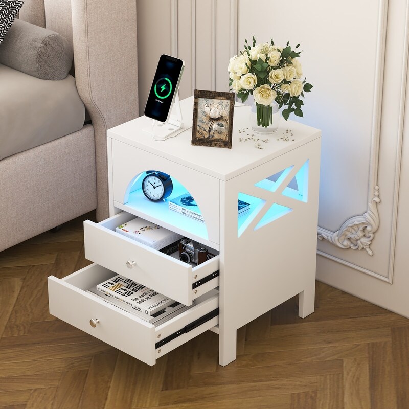 Nightstand with USB Charging Ports and LED Lights End Table with 2 Drawers and Shelf