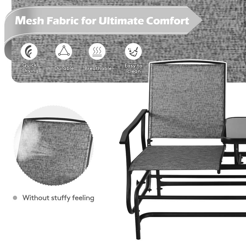 2-Person Outdoor Bench Glider Chair with Center Table, Mesh Fabric Rocking Loveseat for Patio