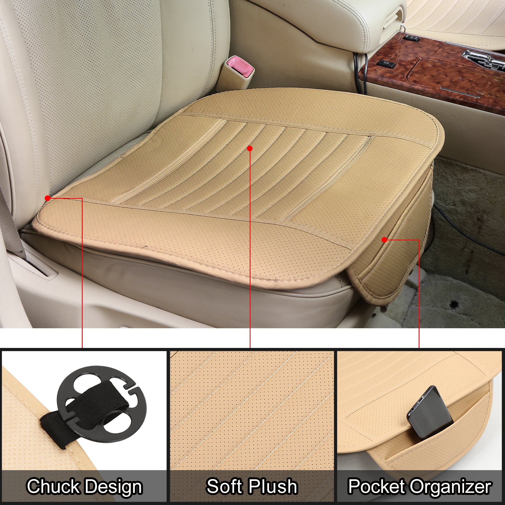 2pcs Front Car Seat Cover Breathable Leatherette Pad Mat Home Office Auto Chair Cushion Beige