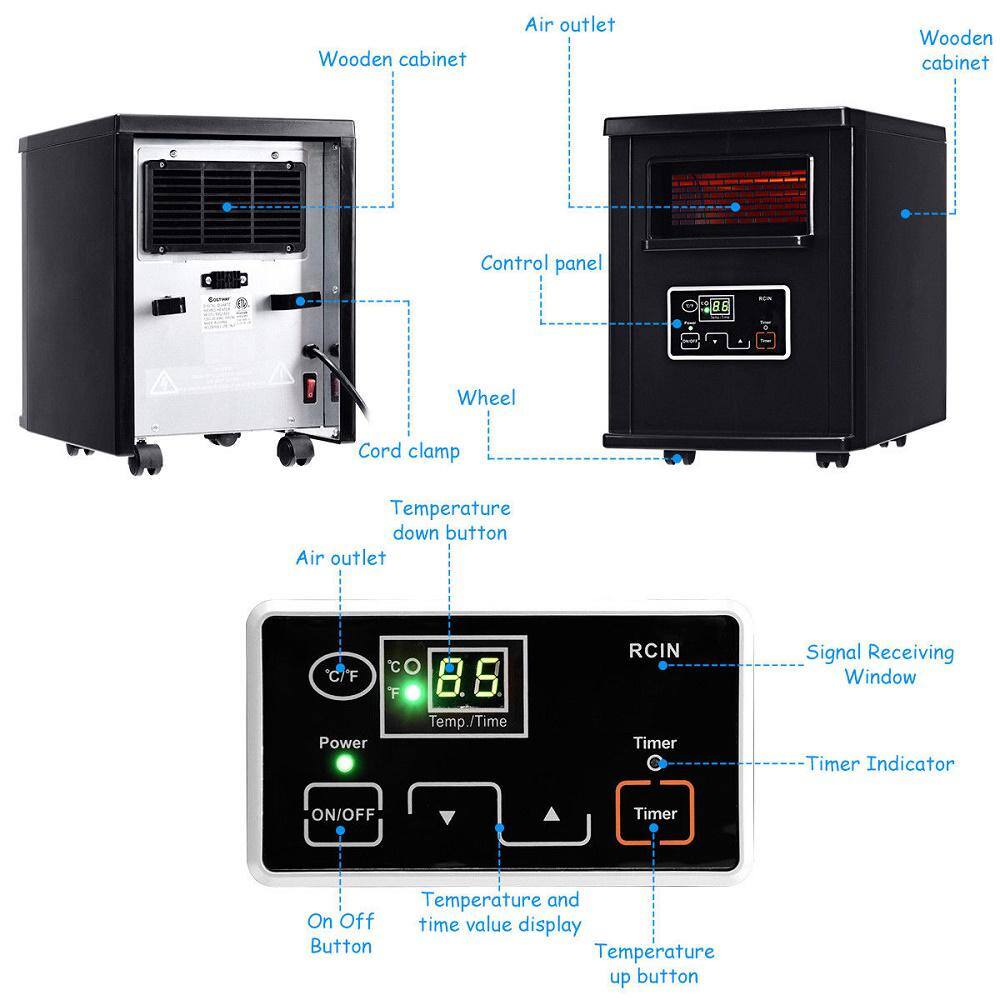 Costway 1500-Watt Electric panel Portable Infrared Quartz Space Heater Remote Black GHM0472