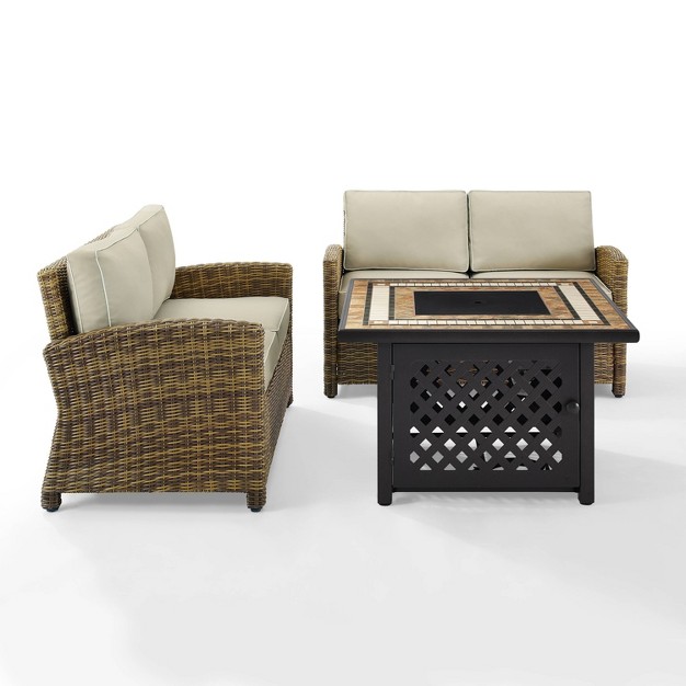 Crosley 3pc Bradenton Steel Outdoor Patio Fire Pit Furniture Set With Two Loveseats Tan brown