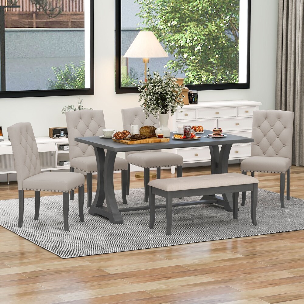 6 Piece Farmhouse Dining Table Set Table and 4 Upholstered Chairs   Bench