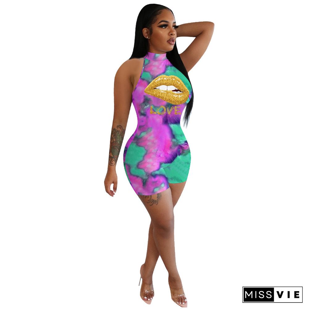 Women Sport Tie Dye Lips Print Sleeveless Bodycon Jumpsuit