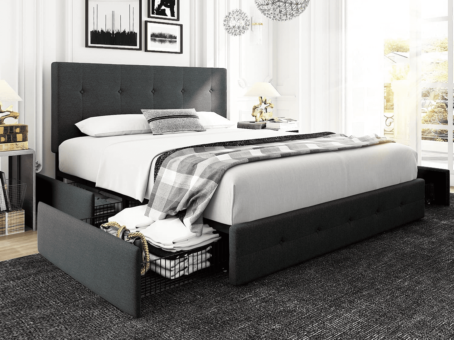 Einfach Queen Size Storage Bed Frame with 4 Big Drawers, Square Button Tufted Adjustable Headboard, Dark Grey