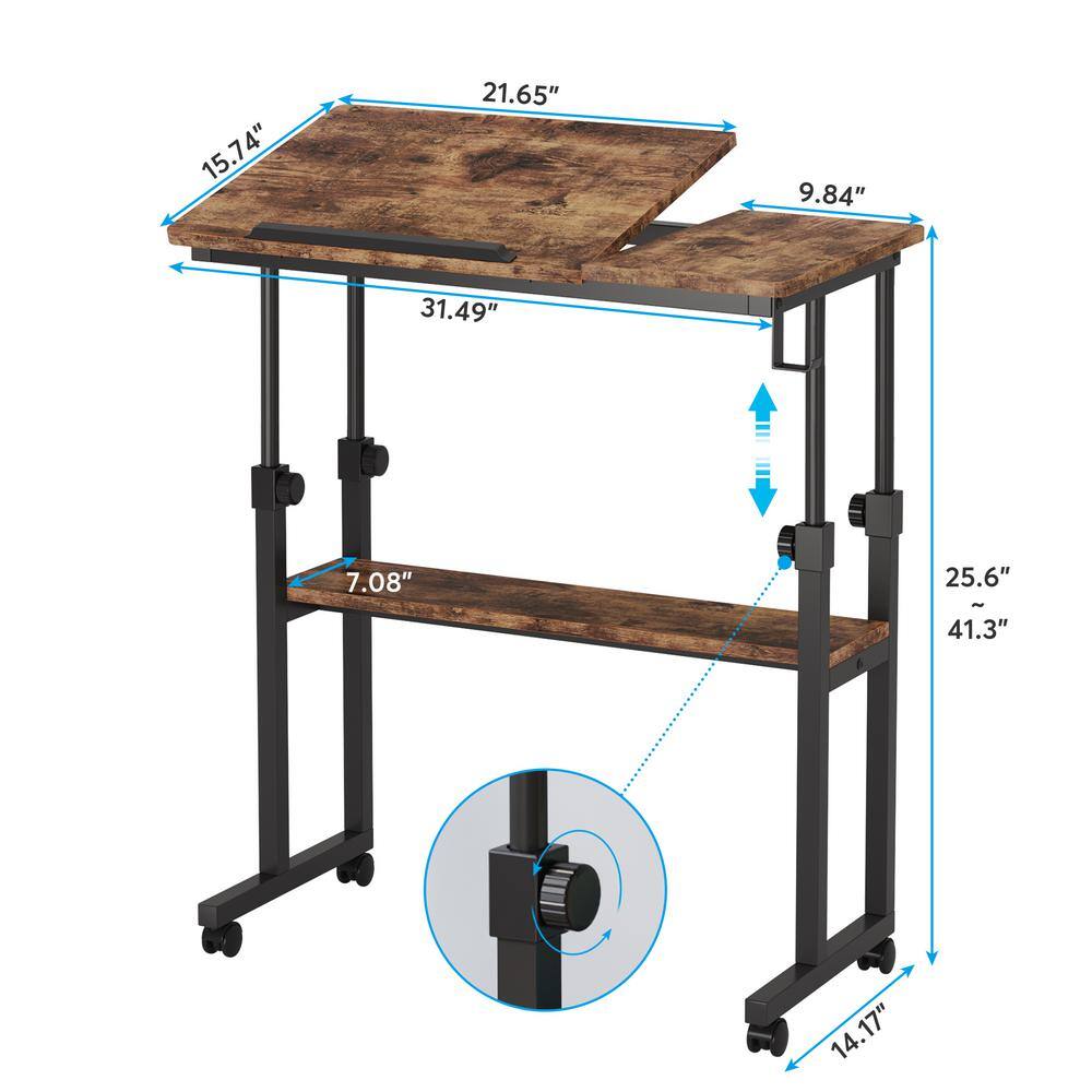 BYBLIGHT Moronia 31.5 in. Brown Portable Laptop Desk H Adjustable Bedside Table with Tiltable Drawing Board and Wheels BB-C0566GX