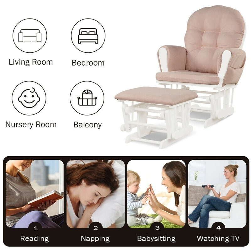 Wood Baby Glider Rocking Chair Nursery Chair with Gliding Ottoman & Storage Pocket