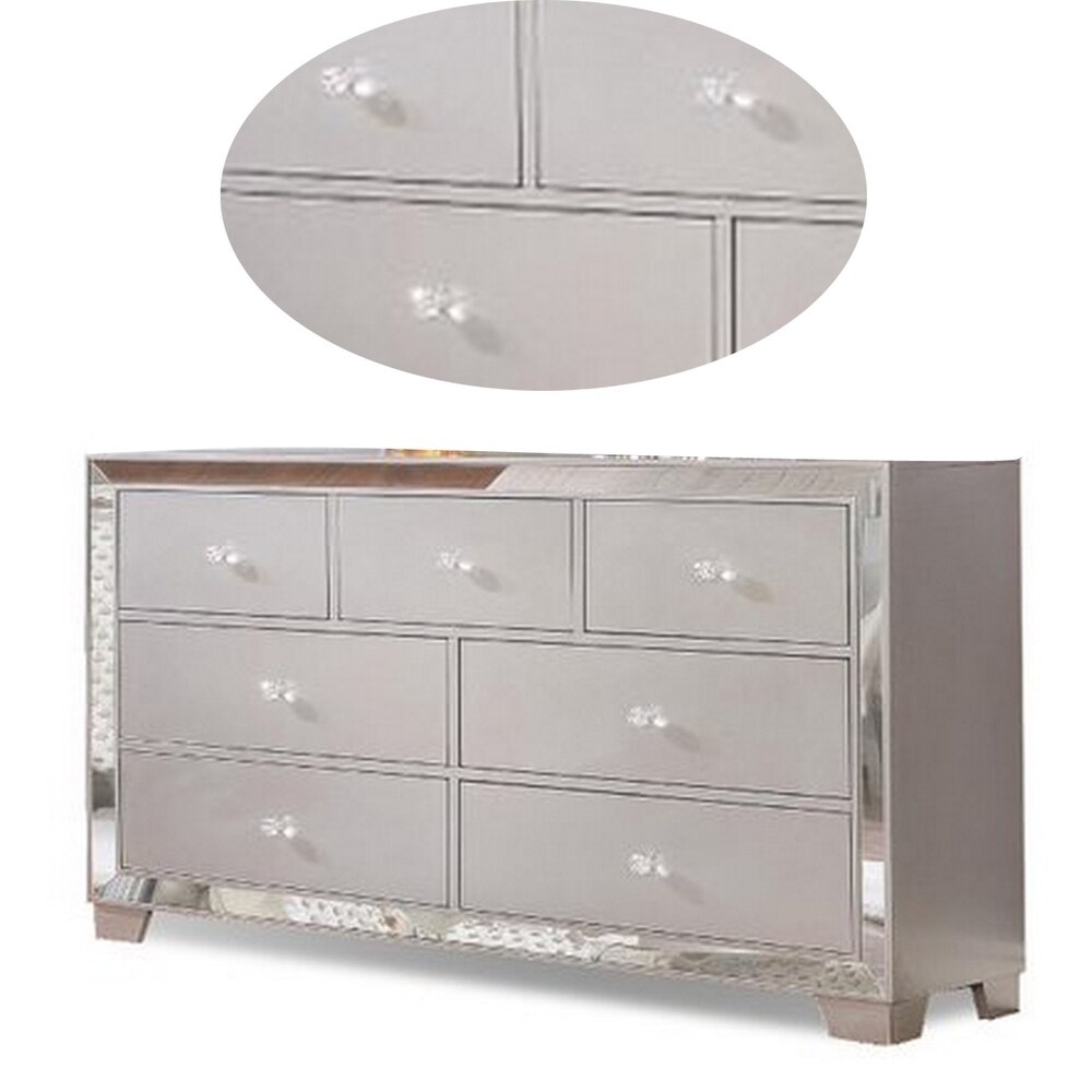 Eli 57 Inch Deluxe 7 Drawer Dresser  Mirrored Trim  Wood Frame  Silver