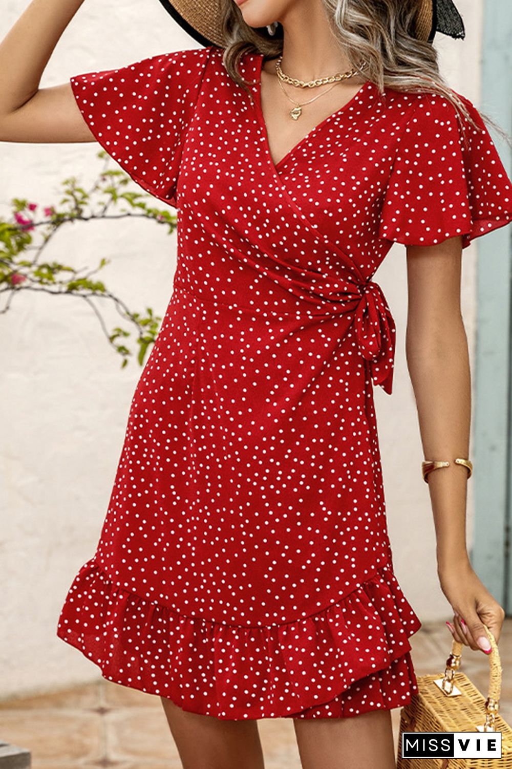 Polka Dot Print V Neck Short Dress Wholesale